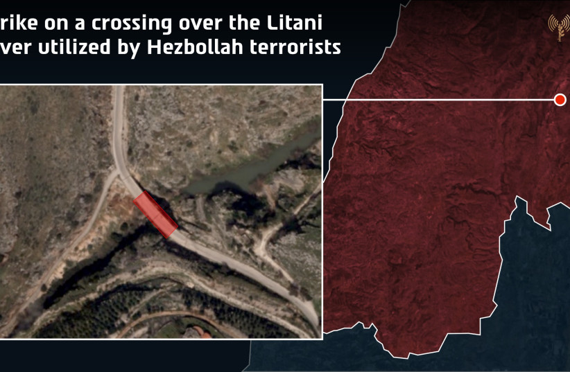 An infographic detailing an IDF strike against a Litani River crossing used by Hezbollah terrorists, published March 24, 2026.