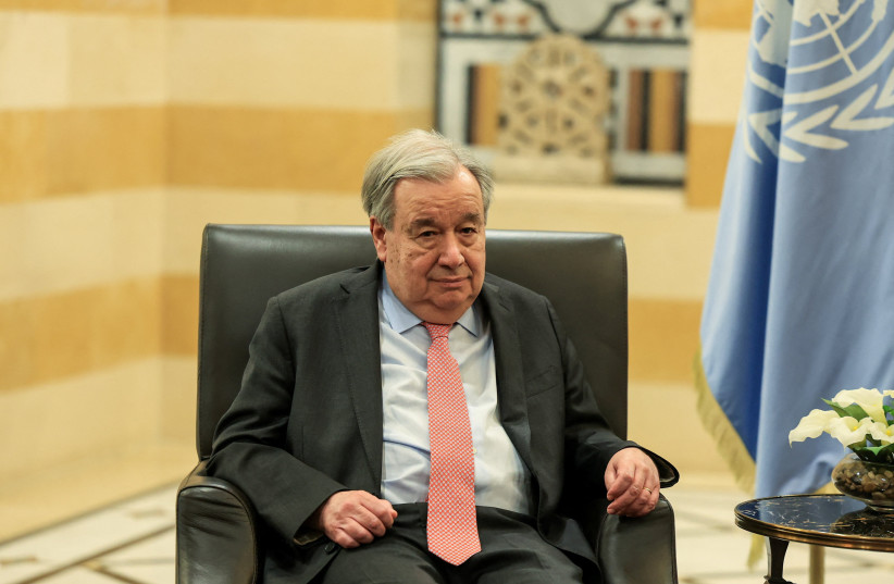 United Nations Secretary-General Antonio Guterres sits during a meeting with Lebanese Prime Minister Nawaf Salam (not pictured) following an escalation between Hezbollah and Israel amid the US-Israeli conflict with Iran, in Beirut, Lebanon, March 13, 2026.