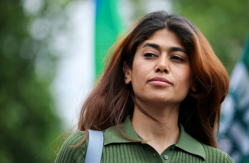 European Parliament member, from the New Popular Front (NFP) alliance of left-wing parties and crew member of the Gaza-bound charity vessel Madleen, operated by pro-Palestinian Freedom Flotilla Coalition, Rima Hassan, at the Place de la Republique in Paris, France, June 14, 2025.