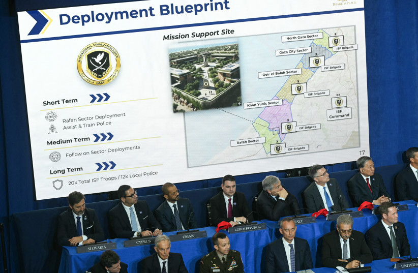 A map of Gaza is displayed as leaders attend the inaugural meeting of the ''Board of Peace'' hosted by US President Donald Trump at the US Institute of Peace in Washington, DC, on February 19, 2026.