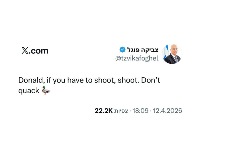 Screenshot of MK Tzvika Fogel's now-deleted X post telling US President Donald Trump not to ''quack,'' April 13, 2026.