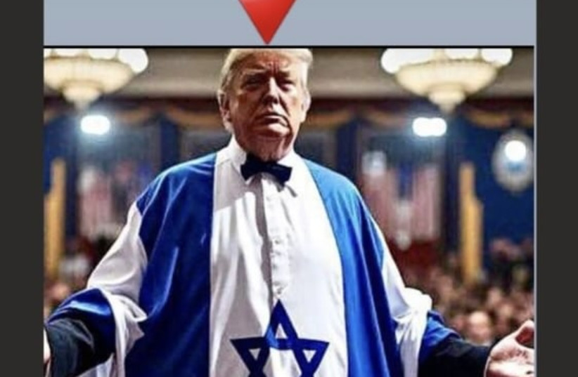 An image depicting President Donald Trump with an inverted red triangle above — symbolism widely associated with Hamas targeting propaganda. (credit: COMBAT ANTISEMITISM MOVEMENT)