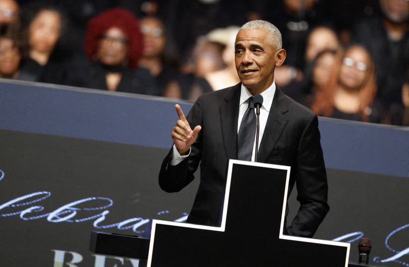 Former US president Barack Obama speaks at a public memorial service to celebrate the life of civil rights activist Reverend Jesse Jackson in Chicago, Illinois, on March 6, 2026.