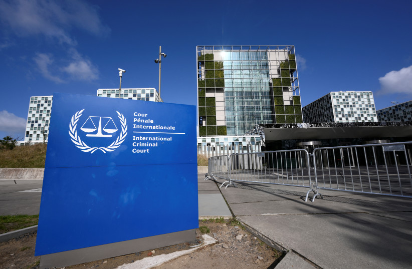 This general view shows the exterior and the logo of the International Criminal Court (ICC) in The Hague on March 28, 2026.