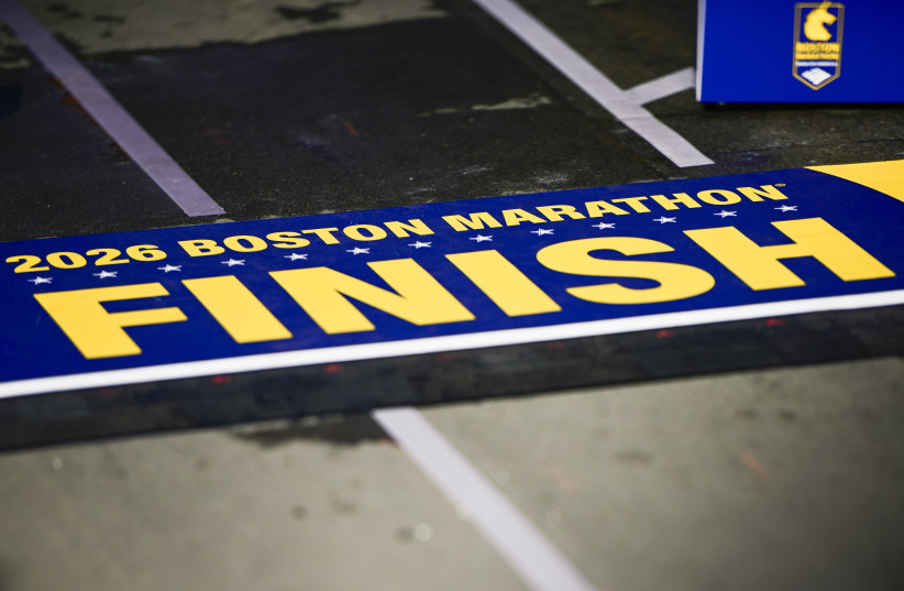 A detail of the finish 130th Boston Marathon finish line on April 20, 2026 in Boston, Massachusetts.