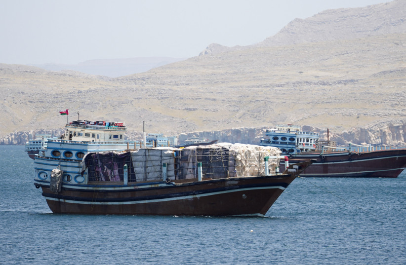 Vessels in the Strait of Hormuz, Musandam, Oman, April 27, 2026.  (credit: STRINGER/ REUTERS)