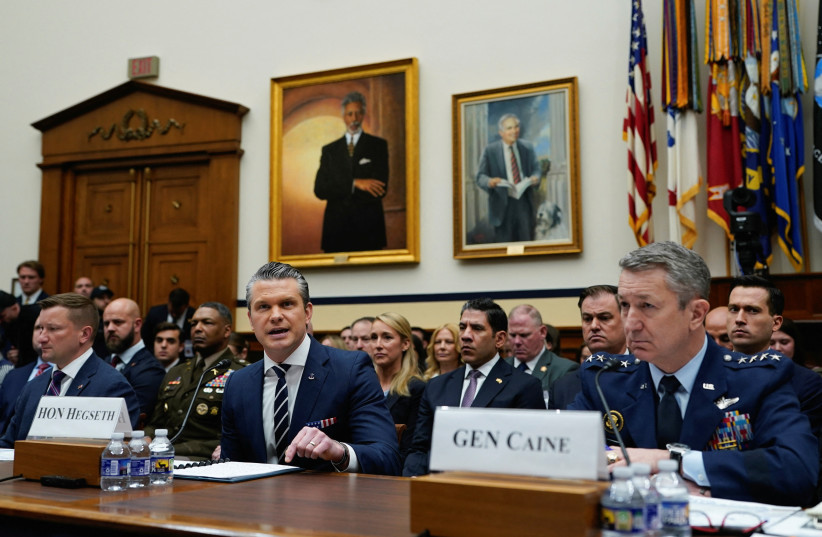 US Defense Secretary Pete Hegseth testifies, next to US Chairman of the Joint Chiefs of Staff General Dan Caine, before a House Armed Services Committee hearing in Washington, DC, US, April 29, 2026.