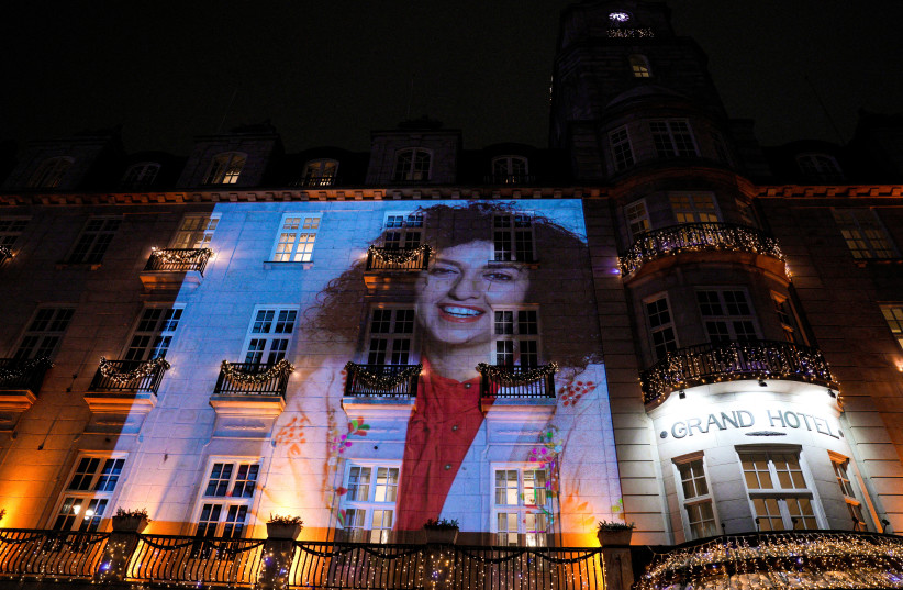 A picture of Nobel Peace Prize winner Narges Mohammadi on the wall of the Grand Hotel in central Oslo before the Nobel banquet, in connection with the awarding of the Nobel Peace Prize 2023, in Oslo, Norway December 10, 2023.