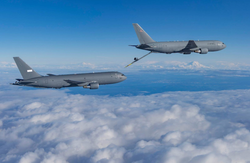 Israel's new KC-46 refueling aircraft, named ''Gideon,'' on its maiden flight, May 4, 2026.