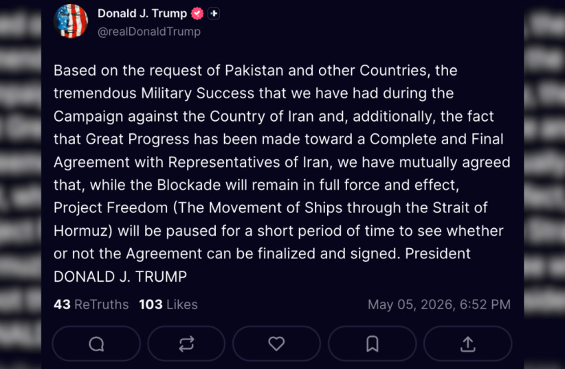 US President Donald Trump posts on Truth Social on May 5, 2026.