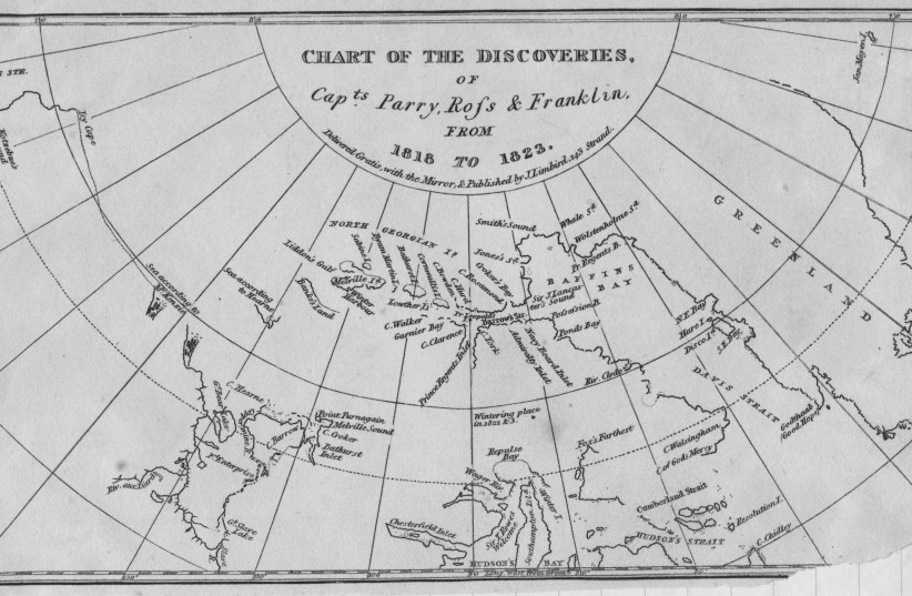 A chart of the discoveries of British arctic explorers, Sir William Parry (1790 - 1855), Sir John Ross (1777 - 1856) and Sir John Franklin (1786 - 1847) in their attempts to find the Northwest Passage between Europe to Asia; circa 1845.