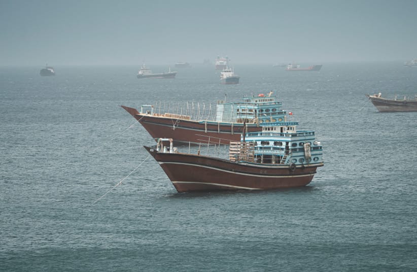 Vessels sail through the Strait of Hormuz, Musandam, Oman, May 20, 2026.