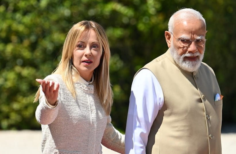 Italy's Prime Minister Giorgia Meloni welcomes her counterpart India's Prime Minister Narendra Modi for a meeting at Villa Doria Pamphili in Rome on May 20, 2026.