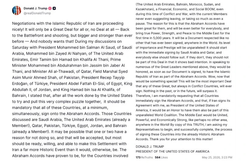 Publicación en Truth Social del presidente de EE. UU., Donald Trump, 25 de mayo de 2026.  (credit: screenshot)