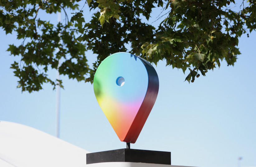 A Google Maps symbol is displayed near an entrance at Google's I/O 2026 developer conference in Mountain View, California, US, May 19, 2026.