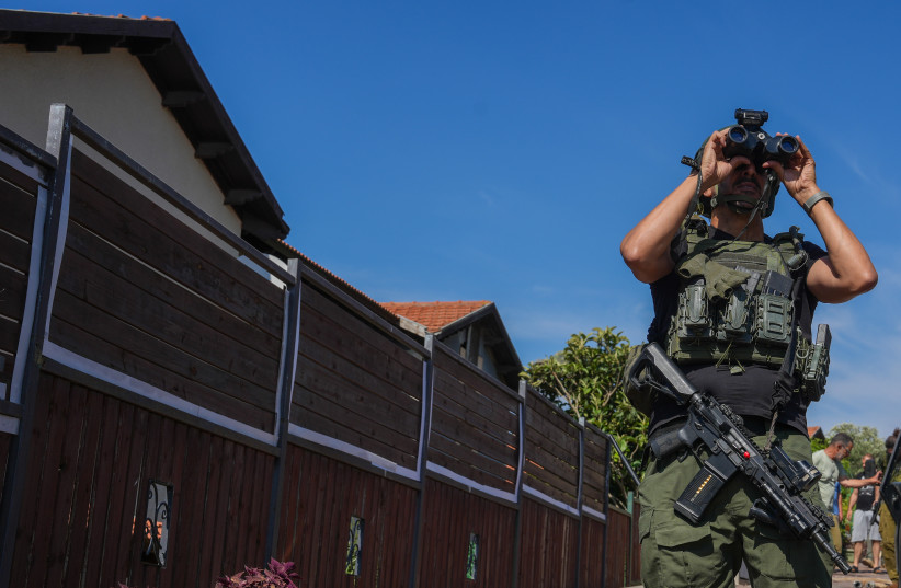 Members of the Metula civilian security squad search the area following the fall of an Iron Dome interceptor missile and reports of a drone infiltration near the Israel-Lebanon border, June 01, 2026.