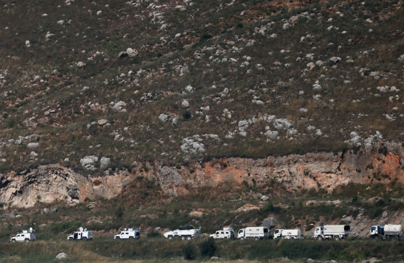 A UN convoy in southern Lebanon, near the Israel-Lebanon border, as seen from northern Israel, June 2, 2026.