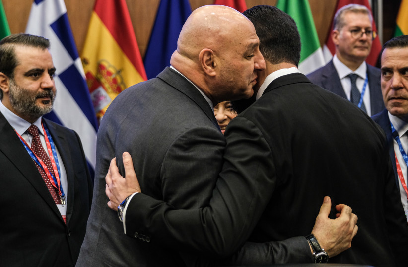 President of Lebanon Joseph Aoun (2L) greets Syrian President Ahmed al-Sharaa at an informal meeting of European Union leaders on April 24, 2026 in Nicosia, Cyprus.