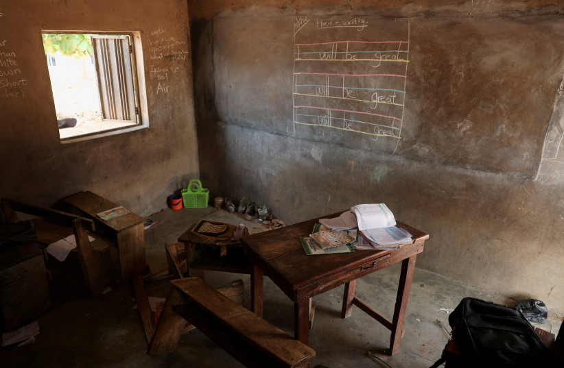 School items belonging to abducted students of Baptist Nursery and Primary School sit inside an empty classroom in Oyo State, Nigeria, June 2, 2026.