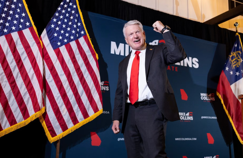 US Senate Republican candidate, US Rep. Mike Collins (R-GA) cheers after his nomination acceptance speech during a runoff election-night party on June 16, 2026 in Jackson, Georgia; illustrative.
