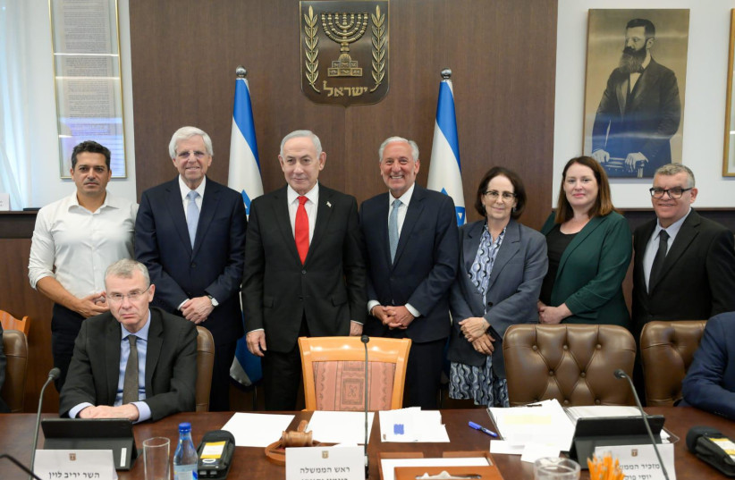 JFNA Board of Directors chairman Gary Torgow is seen with assembled Israeli government officials, including Prime Minister Benjamin Netanyahu, after the government approved a NIS 200m. plan to bolster Jewish education in the Diaspora on June 28, 2026.