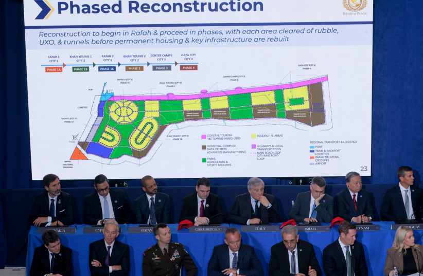 Officials listen to presentations on the work of the Gaza Executive Board during the inaugural meeting of the Board of Peace at the Donald J. Trump Institute of Peace on February 19, 2026 in Washington.