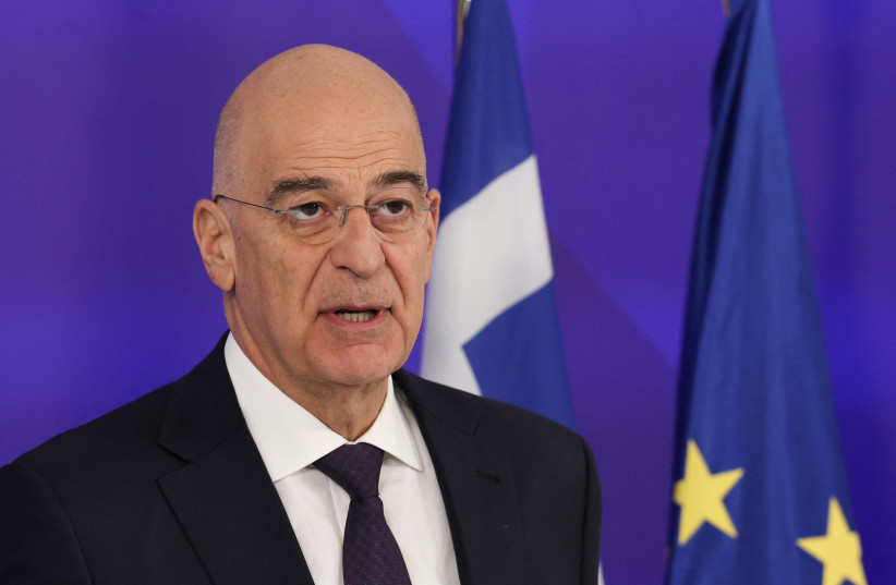 Greek Defence Minister, Nikos Dendias talks to the press, during joint press statements with Israel's Defence Minister Israel Katz at the Ministry of Defence in Athens Greece, January 20, 2026.