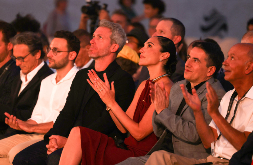 Israeli ''Wonder Woman'' star Gal Gadot (3rd-R) and Jerusalem film festival director Roni Mahadav-Levin (2nd-R) attend the opening ceremony of the event in Jerusalem on June 17, 2025.