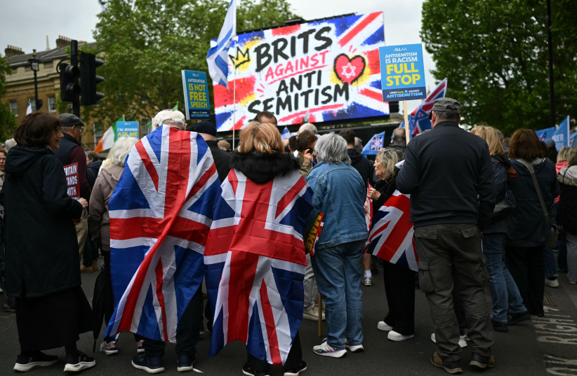 People attend a rally organised by the Campaign Against Antisemitism, opposite Downing Street in central London on May 10, 2026.