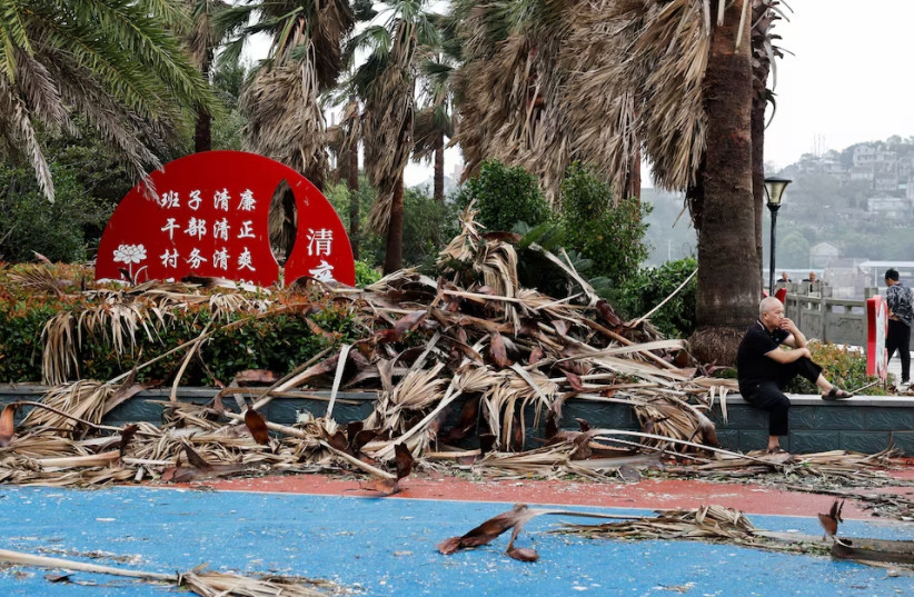 A person sits beside fallen palm leaves after Typhoon Bavi passed through the coastal village of Diaocaocun, Taizhou, Zhejiang province, China, July 12, 2026.