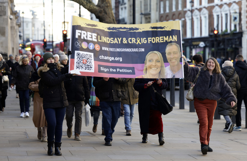 Family and supporters of Lindsay and Craig Foreman, a couple detained in Iran without charge attend a Sing for Freedom, day of action in London on January 3, 2026, to raise national awareness of the couple's ongoing detention and the need for urgent intervention.