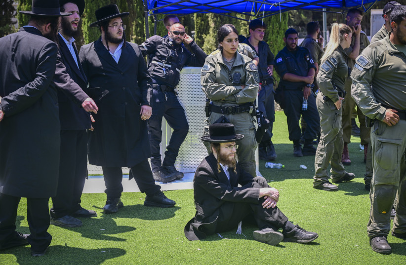 Ultra orthodox Jews protest against the drafting of ultra orthodox jews outside the IDF Recruitment Center at Tel Hashomer, July 15, 2026.