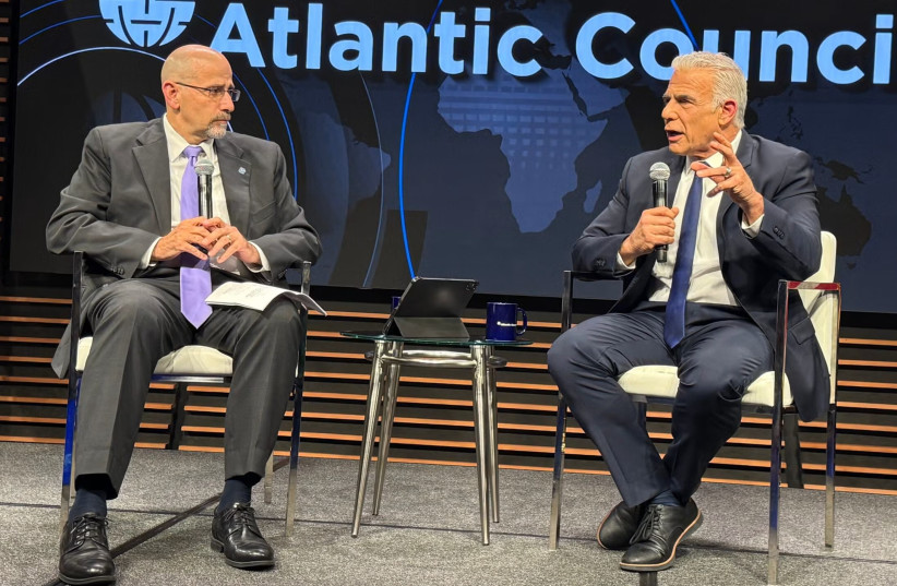 Israeli Opposition Leader Yair Lapid, right, in conversation with former U.S. ambassador to Israel, Daniel Shapiro, at The Atlantic Council in Washington D.C., July 27, 2026.