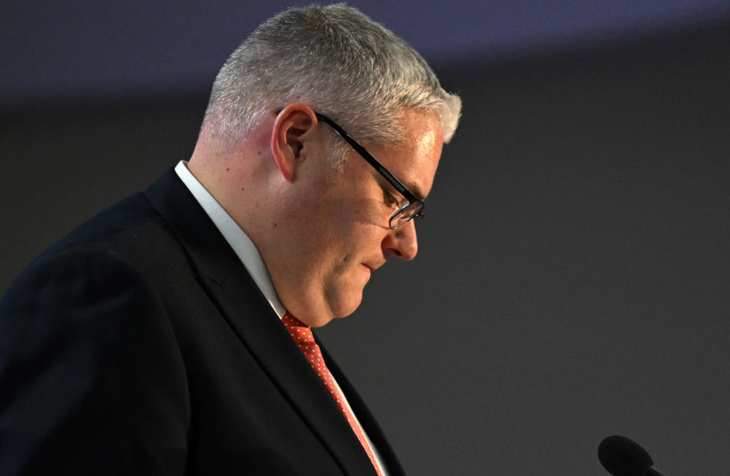 DUP leader Gavin Robinson is pictured as he delivers his leader's speech to conference during the annual Democratic Unionist party conference at the La Mon hotel on September 20, 2025 in Comber, Northern Ireland; illustrative (credit: CHARLES MCQUILLAN/GETTY IMAGES)