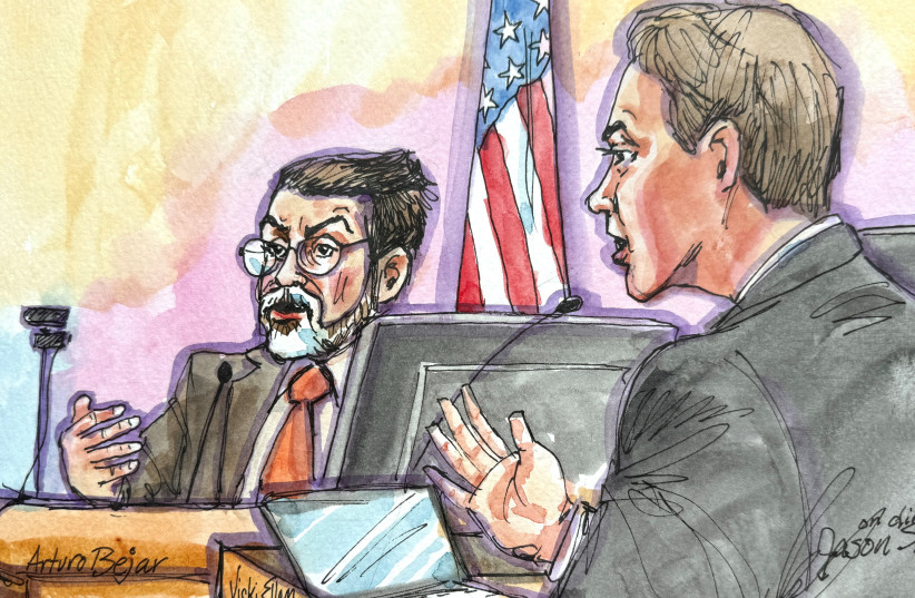Arturo Bejar, a former Facebook safety engineer and Instagram consultant, is questioned by states' lawyer Jason Slothouber before U.S. District Judge Yvonne Gonzalez Rogers in a courtroom sketch as Meta faces a landmark federal trial on August 18, 2026 in Oakland, California.