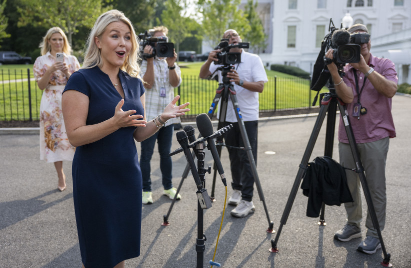 White House Press Secretary Karoline Leavitt speaks to the press on her final day as Press Secretary, outside the West Wing of the White House in Washington, DC, on August 27, 2026.