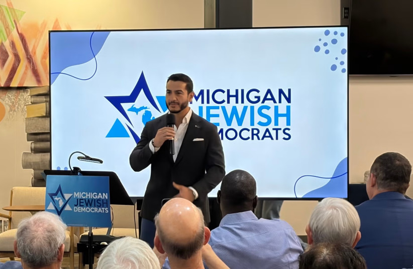 Abdul El-Sayed, Michigan Democratic candidate for U.S. Senate, addresses the state’s Jewish Democratic caucus in Birmingham, Mich., on Aug. 30, 2026.