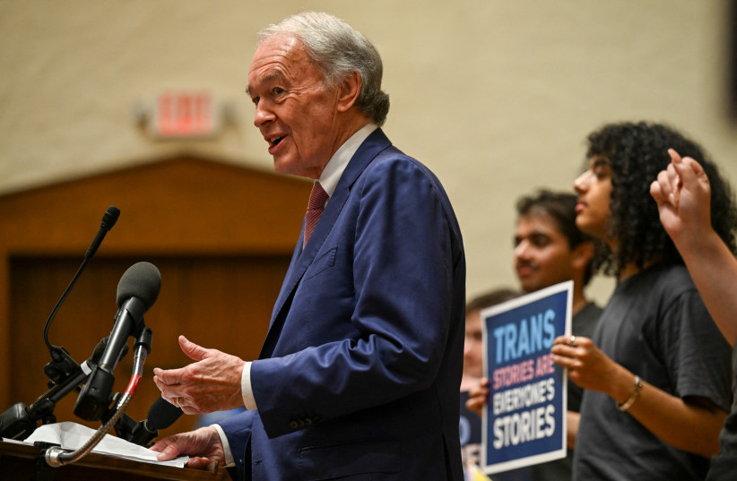 US Senator Ed Markey (D-MA) addresses family members and advocates as they gather inside the Lutheran Church of the Reformation near the U.S. Supreme Court after justices supported a Republican-backed ban in Tennessee on gender-affirming medical care for transgender minors in Washington, DC, US.