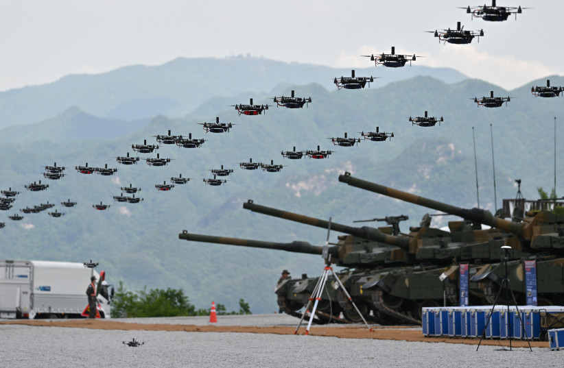 South Korea's military drones fly in formation during a South Korea-US joint military drill at Seungjin Fire Training Field in Pocheon on May 25, 2023.