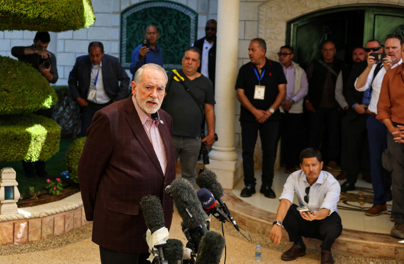 US Ambassador to Israel Mike Huckabee speaks during a press conference after he met residents of Turmus Aiya, a Palestinian town near Ramallah in the West Bank that is home to many American citizens, September 5, 2026.