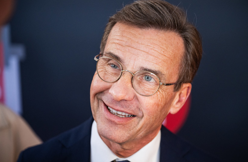 Swedish Prime Minister and Moderate Party leader Ulf Kristersson speaks to the media upon arrival to a televised election debate hosted by TV4 in Stockholm, Sweden, on September 10, 2026.