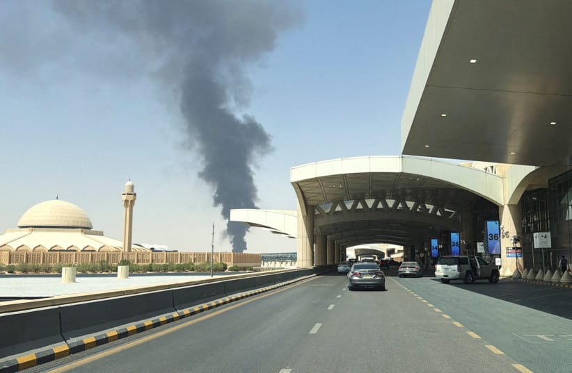 Large plume of black smoke rises from the fuel storage area at King Khalid International Airport, in Riyadh, Saudi Arabia, September 19, 2026.