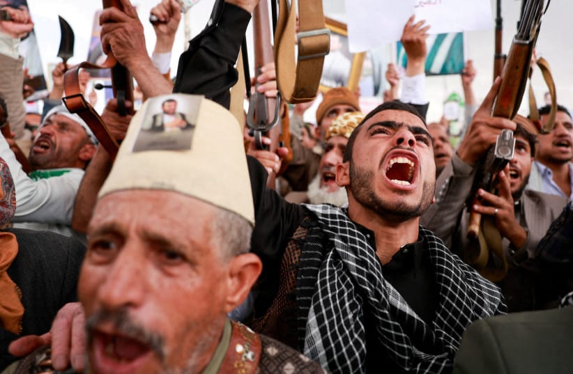 FILE PHOTO: Houthi supporters shout slogans during an anti-Saudi rally amid an escalation with the kingdom, in Sanaa, Yemen, July 31, 2026.