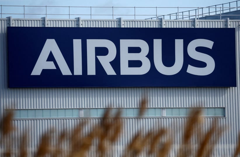 FILE PHOTO: The logo of Airbus is picuted at the Airbus facility in Montoir-de-Bretagne near Saint-Nazaire, France, March 4, 2022.