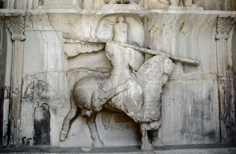 King Khosrow II wearing Parthian armour riding his horse Shabdiz, Taq-e Bostan, Iran, Sassanid era, 4th century, (1994).
