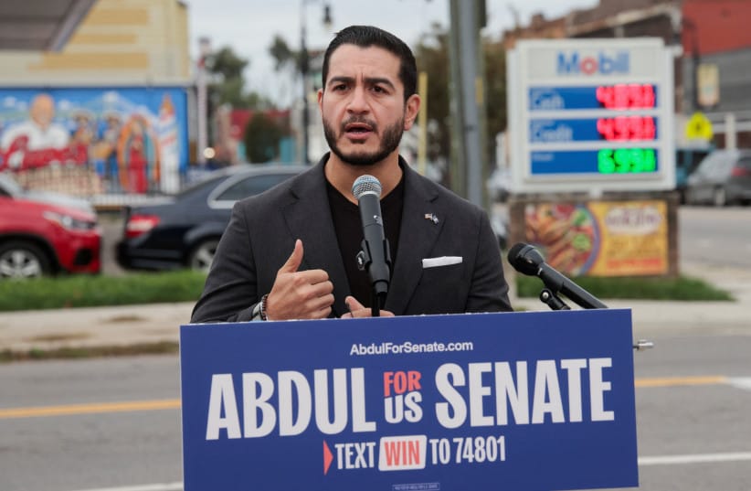 Democratic candidate for US Senate Abdul El-Sayed speaks to the press about rising gas prices outside a gas station in Detroit, Michigan, US, September 22, 2026.