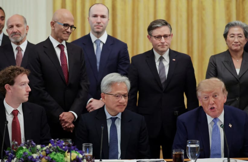 US President Donald Trump, US House Speaker Mike Johnson, US Secretary of Commerce Howard Lutnick, Meta CEO Mark Zuckerberg, OpenAI President Greg Brockman, Nvidia President and CEO Jensen Huang, and CEO of AMD Lisa Su attend a luncheon for tech leaders at the White House, September 29, 2026.