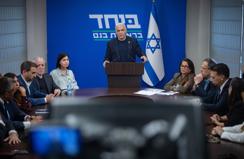 Opposition leader and former prime minister Yair Lapid leads a faction meeting at the Knesset, the Israeli parliament in Jerusalem, on July 6, 2026.