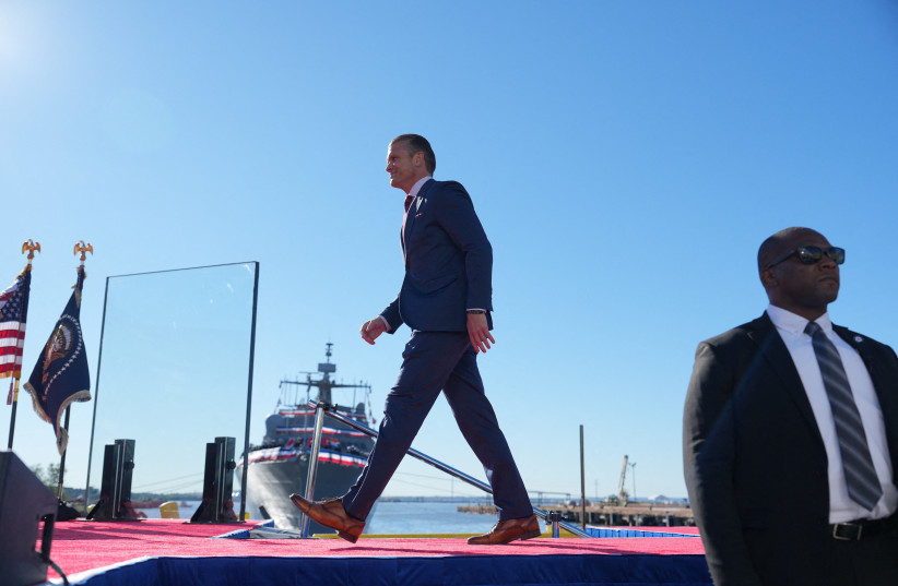 US Defense Secretary Pete Hegseth arrives onstage during an event at Sparrows Point Shipyard, in Baltimore County, Maryland, US, October 6, 2026.