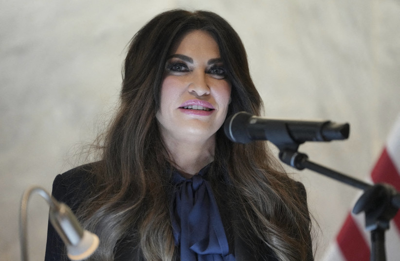 US Ambassador to Greece Kimberly Guilfoyle speaks during a dedication ceremony at the chancery of the US Embassy in Athens, on October 7, 2026.